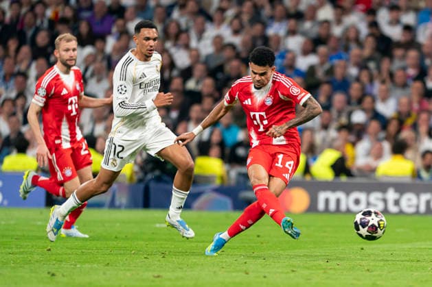 REAL MADRID CF v BAYERN MUNCHEN. CHAMPIONS LEAGUE 2025 2026. QUARTER FINALS. 1ST LEG MATCH. Real Madrid CF s Trent John Alexander-Arnold and Bayern Munchen™s Luis Diaz during Champions League 2025 2026, Quarter-finals, first Leg match. April 7, 2026 (ALTERPHOTOS Tomas Garrido) MadridSpain  Copyright: xTomasxGarridox