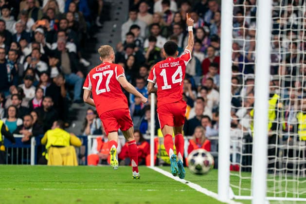 REAL MADRID CF v BAYERN MUNCHEN. CHAMPIONS LEAGUE 2025 2026. QUARTER FINALS. 1ST LEG MATCH. UEFA Champions league Real Madrid v Bayern Munchen - FC Bayern MunchenÂ s Luis Diaz celebtrates a goal during Champions League Quarter-finals, first leg match. April 7, 2026. (ALTERPHOTOS Tomas Garrido) MadridSpain  Copyright: xTomasxGarridox