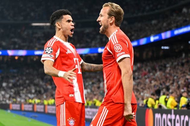 Madrid, Estadio Santiago Bernabeu, 07 04 26, GER, Men, UEFA Champions League, Quarter-final, Season 2025 2026, Real Madrid FC Bayern Muenchen Picture Harry KANE Muenchen cheers after his goal to 0 2 with LUIS DIAZ Muenchen UEFA regulations prohibit any use of photographs as image sequences and or quasi video Spain
