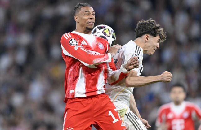 Real Madrid v Bayern Munich - UEFA Champions League MADRID, SPAIN - APRIL 7: Thiago Pitarch Pinar (R) of Real Madrid in action against Michael Olise (L) of Bayern Munich during UEFA Champions League quarterfinals first leg match between Real Madrid and Bayern Munich at Bernabeu Stadium in Madrid, Spain on April 7, 2026. Burak Akbulut Anadolu Madrid Spain. Editorial use only. Please get in touch for any other usage.  Copyright: x2026xAnadoluxBurakxAkbulutx