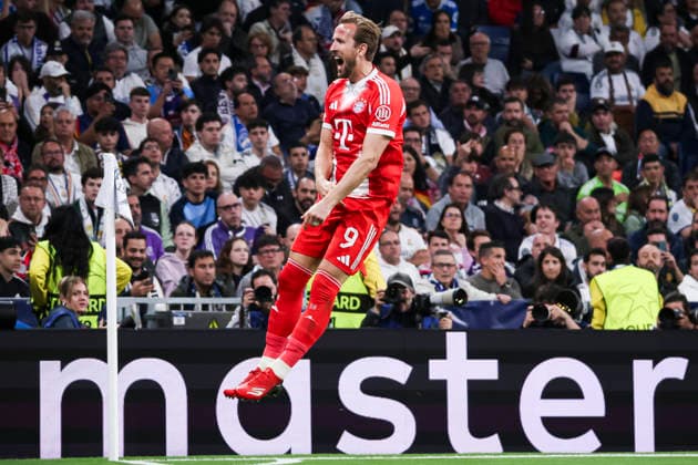 UEFA Champions League 2025 2026 quarter final, Real Madrid FC Bayern Munich, at Estadio Bernabeu in Madrid Spain April 07, 2026, Madrid, Madrid, Spain Harry Kave of Bayern Munich celebrates his goal with his teammates during the UEFA Champions League 2025 2026 quarter final, Real Madrid FC Bayern Munich, at Estadio Bernabeu in Madrid Spain Madrid Madrid Madrid Spain Copyright: xAlejandroxMatiasx