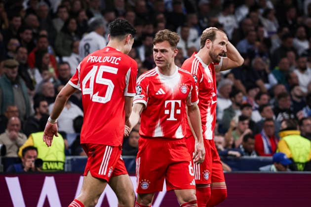 UEFA Champions League 2025 2026 quarter final, Real Madrid FC Bayern Munich, at Estadio Bernabeu in Madrid Spain April 07, 2026, Madrid, Madrid, Spain Harry Kave of Bayern Munich celebrates his goal with his teammates during the UEFA Champions League 2025 2026 quarter final, Real Madrid FC Bayern Munich, at Estadio Bernabeu in Madrid Spain Madrid Madrid Madrid Spain Copyright: xAlejandroxMatiasx