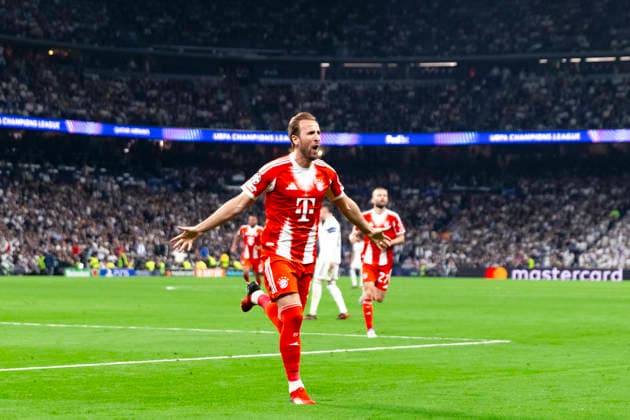 UEFA champions league - Real Madrid vs Bayern Munchen MADRID, SPAIN - April 7:Harry Kane of Bayern Munich celebrates a goal during the UEFA champions league 2025 26 Quarter-finals first leg match between Real Madrid and Bayern Munchen at Santiago Bernabeu Stadium. (Photo by Guille Martinez f22photo) Madrid Santiago Bernabeu Stadium Spain Copyright: xGuillermoxMartinezx