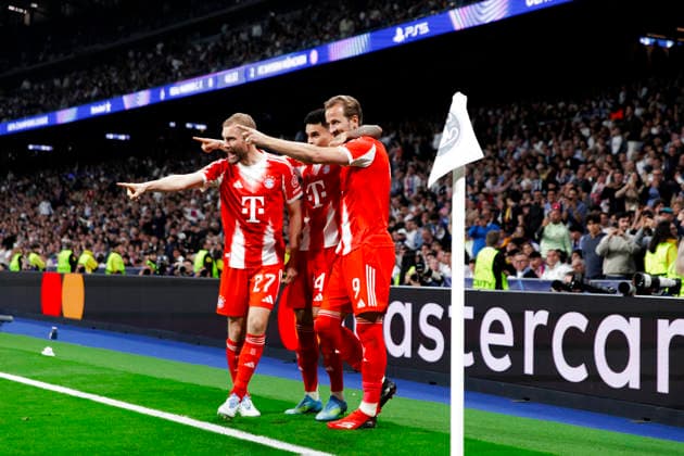 UEFA champions league - Real Madrid vs Bayern Munchen MADRID, SPAIN - April 7:Harry Kane of Bayern Munich, Konrad Laimer of Bayern Munich and Luis Diaz of Bayern Munich celebrates a goal during the UEFA champions league 2025 26 Quarter-finals first leg match between Real Madrid and Bayern Munchen at Santiago Bernabeu Stadium. (Photo by Guille Martinez f22photo) Madrid Santiago Bernabeu Stadium Spain Copyright: xGuillermoxMartinezx