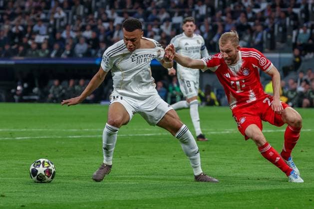 Kylian Mbappe 10 Real Madrid in action against Konrad Laimer 27 FC Bayern Muenchen , Real Madrid vs FC Bayern Muenchen, Football, Men, UEFA Champions League, Season 2025 2026, Quarter Final First Leg Quarter Finals 1st Leg , 07 04 2026 Madrid Madrid Spain Copyright: xkolbert-press MartinxAgüerax