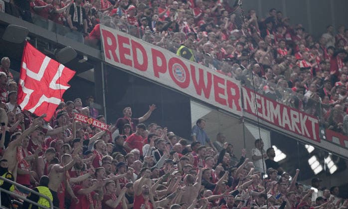 FOOTBALL CHAMPIONS LEAGUE SEASON 2025 2026 Quarter-final first leg 07 04 2026 Real Madrid FC Bayern Muenchen cheering after the goal for 0 2, FC Bayern Muenchen fans in the fan curve