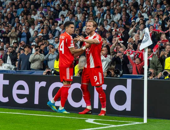 07 04 2026, Football UEFA Champions League 2025 2026 quarter-final, Real Madrid FC Bayern Munich, at Estadio Bernabeu in Madrid Spain , goal celebration for 2 0 Harry Kane re, FC Bayern Munich , Luis Diaz FC Bayern Munich ,
