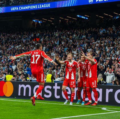 07 04 2026, Football UEFA Champions League 2025 2026 quarter-final, Real Madrid FC Bayern Munich, at Estadio Bernabeu in Madrid Spain , goal celebration for 2 0 Harry Kane re, FC Bayern Munich , Michael Olise FC Bayern Munich , Konrad Laimer FC Bayern Munich , Luis Diaz FC Bayern Munich
