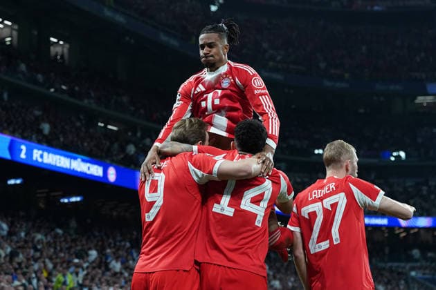 REAL MADRID CF v BAYERN MUNCHEN. CHAMPIONS LEAGUE 2025 2026. QUARTER FINALS. 1ST LEG MATCH. Bayern Munchen™s Harry Kane, Michael Olise, Luis Diaz and Konrad Laimer celebrate goal during Champions League 2025 2026, Quarter-finals, first Leg match. April 7, 2026 (ALTERPHOTOS Acero) MadridSpain  Copyright: xAcerox