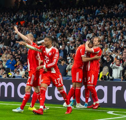 07 04 2026, Football UEFA Champions League 2025 2026 quarter final, Real Madrid FC Bayern Munich, at Estadio Bernabeu in Madrid Spain , goal celebration for 2 0 Harry Kane re, FC Bayern Munich , Michael Olise FC Bayern Munich , Jonathan Tah FC Bayern Munich