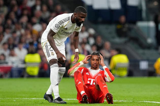 REAL MADRID CF v BAYERN MUNCHEN. CHAMPIONS LEAGUE 2025 2026. QUARTER FINALS. 1ST LEG MATCH. Real Madrid CF s Antonio Rudiger (l) and Bayern Munchen™s Michael Olise during Champions League 2025 2026, Quarter-finals, first Leg match. April 7, 2026 (ALTERPHOTOS Acero) MadridSpain  Copyright: xAcerox