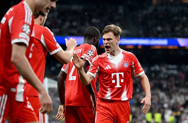 FOOTBALL CHAMPIONS LEAGUE SEASON 2025 2026 Quarter-final first leg 07 04 2026 Real Madrid FC Bayern Muenchen Cheering FC Bayern Muenchen after the goal to 0 2, from left , Joshua Kimmich