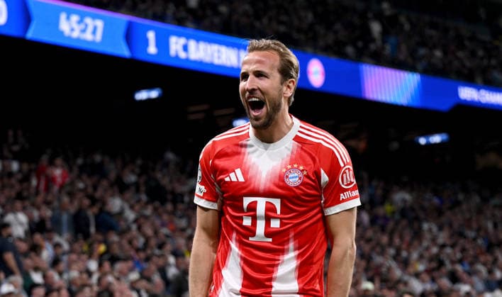 FOOTBALL CHAMPIONS LEAGUE SEASON 2025 2026 quarter-final first leg 07 04 2026 Real Madrid FC Bayern Muenchen cheering FC Bayern Muenchen after the goal to 0 2, goal scorer Harry Kane