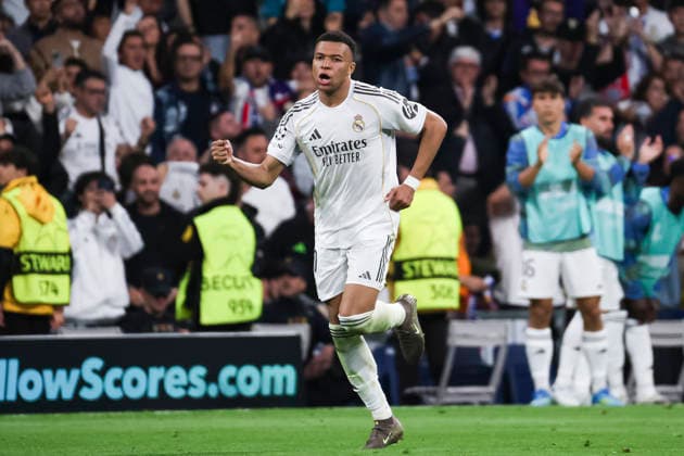 UEFA Champions League 2025 2026 quarter final, Real Madrid FC Bayern Munich, at Estadio Bernabeu in Madrid Spain April 07, 2026, Madrid, Madrid, Spain Kylian Mbappe of Real Madrid celebrates his goal during the UEFA Champions League 2025 2026 quarter final, Real Madrid FC Bayern Munich, at Estadio Bernabeu in Madrid Spain Madrid Madrid Madrid Spain Copyright: xAlejandroxMatiasx