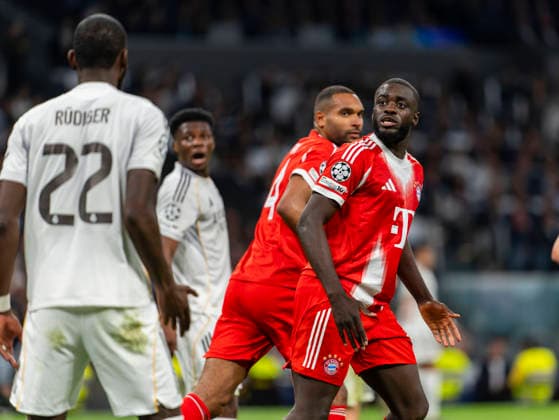 07 04 2026, Football UEFA Champions League 2025 2026 quarter-finals, Real Madrid FC Bayern Munich, at Estadio Bernabeu in Madrid Spain , Dayot Upamecano FC Bayern Munich unhappy