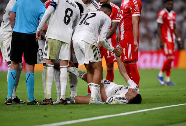 FOOTBALL CHAMPIONS LEAGUE SEASON 2025 2026 Quarter-final first leg 07 04 2026 Real Madrid FC Bayern Muenchen from left , Real Madrid, Federico Valverde, Trent Alexander Arnold , on the ground Kylian Mbappe
