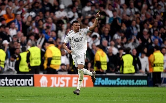 FOOTBALL CHAMPIONS LEAGUE SEASON 2025 2026 Quarter-final first leg 07 04 2026 Real Madrid FC Bayern Muenchen cheer after scoring the 1-2, Kylian Mbappe Real Madrid