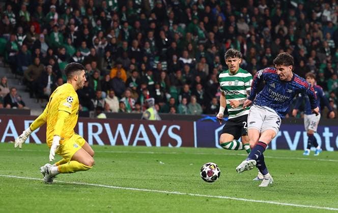Kai Havertz of Arsenal scores the opening goal Sporting v Arsenal, UEFA Champions League, Quarter Final, First Leg, Football, Estadio Jose Alvalade, Lisbon, Portugal - 07 Apr 2026Lisbon Estádio José Alvalade Portugal EDITORIAL USE ONLY No use with unauthorised audio, video, data, fixture lists, club league logos or live services. Online in-match use limited to 120 images, no video emulation. No use in betting, games or single club league player publications.  Copyright: xMichaelxZemanek Shutterstockx 16811860al