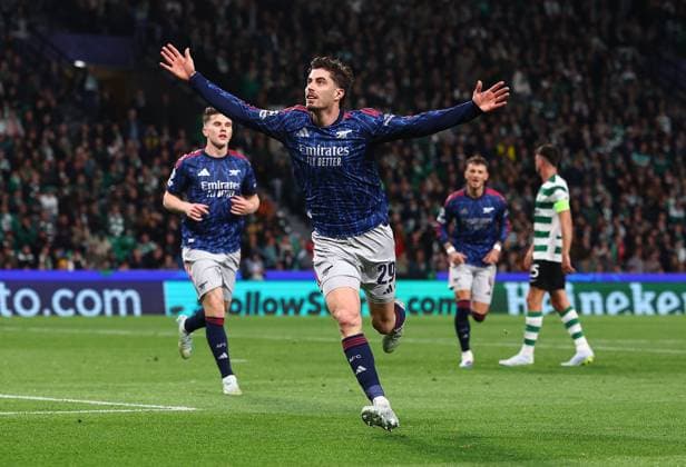 Kai Havertz of Arsenal celebrates scoring the winning match goal Sporting v Arsenal, UEFA Champions League, Quarter Final, First Leg, Football, Estadio Jose Alvalade, Lisbon, Portugal - 07 Apr 2026Lisbon Estádio José Alvalade Portugal EDITORIAL USE ONLY No use with unauthorised audio, video, data, fixture lists, club league logos or live services. Online in-match use limited to 120 images, no video emulation. No use in betting, games or single club league player publications.  Copyright: xMichaelxZemanek Shutterstockx 16811860an