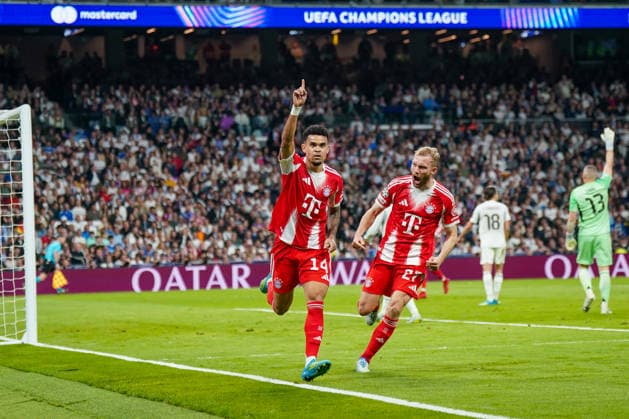 Spain Football UEFA Champions League 2025 2026, quarter-final Real Madrid vs FC Bayern Munich Bernabeu Madrid Goal and goal celebration to 0 1 by Luis Diaz Luis Diaz FC Bayern Munich, 14 Joy, emotions, jubilation Copyright: xJOERANxSTEINSIEKx