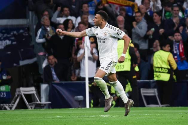 UEFA Champions League quarterfinal first leg soccer match Real Madrid vs Bayern Munich at Santiago Bernabeu stadium in Madrid, Spain. 07 April 2026 Kylian Mbappe celebrates a goal 900 Cordon Press  900 CordonxPress LOF - Champions League Real Madrid vs Bayern Munich