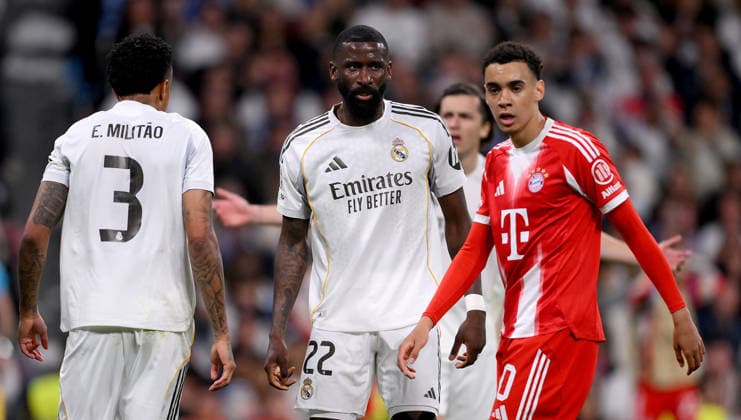 FOOTBALL CHAMPIONS LEAGUE SEASON 2025 2026 Quarter-final first leg 07 04 2026 Real Madrid FC Bayern Muenchen Antonio Ruediger left, Real Madrid vs Jamal Musiala right, FC Bayern Muenchen