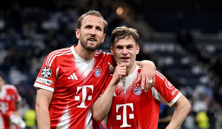 FOOTBALL CHAMPIONS LEAGUE SEASON 2025 2026 Quarter-final first leg 07 04 2026 Real Madrid FC Bayern Muenchen Goalkeeper Harry Kane left, FC Bayern Muenchen hugs Joshua Kimmich right, FC Bayern Muenchen