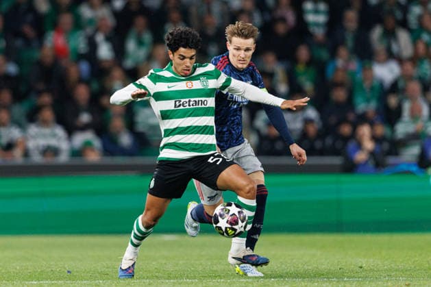Joao Simoes and Martin Odegaard seen during UEFA Champions League quarterfinal game between teams of Sporting CP and Arsenal FC at Estadio Jose Alvalade (Maciej Rogowski Ball Raw Images) Lisbon Estadio Jose Alvalade Portugal Copyright: xMaciejxRogowskix MaciejRogowskiSportingArsenal252655