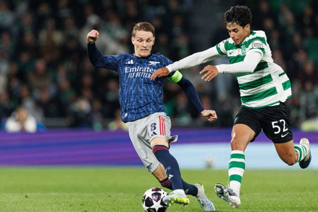 Martin Odegaard and Joao Simoes seen during UEFA Champions League quarterfinal game between teams of Sporting CP and Arsenal FC at Estadio Jose Alvalade (Maciej Rogowski Ball Raw Images) Lisbon Estadio Jose Alvalade Portugal Copyright: xMaciejxRogowskix MaciejRogowskiSportingArsenal2526167