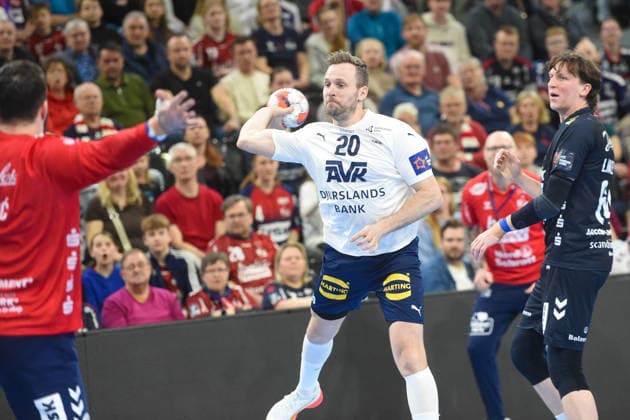 Handball I Men I Season 2025 2026 I EHF European League I Playoffs I Second leg I SG Flensburg Handewitt Skanderborg Aarhus Handball I 07 04 2026 from left Benjamin Buric 1, SG Flensburg Handewitt , Morten Balling Christensen 20, SAH , Lasse Möller 64, SG Flensburg Handewitt Copyright: xLobeca JanxKirschnerx
