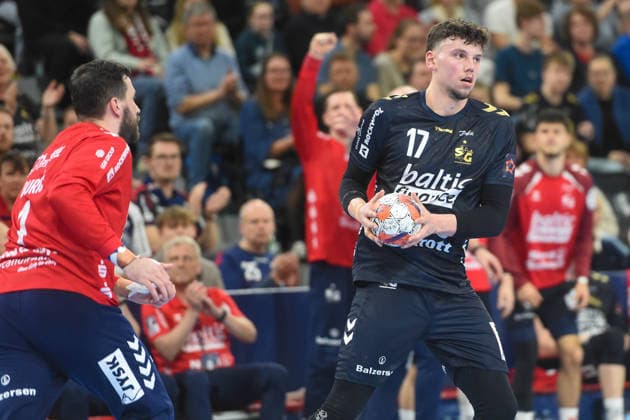 Handball I Men I Season 2025 2026 I EHF European League I Playoffs I Second leg I SG Flensburg Handewitt Skanderborg Aarhus Handball I 07 04 2026 from left Benjamin Buric 1, SG Flensburg Handewitt , Marko Grgic 17, SG Flensburg Handewitt Copyright: xLobeca JanxKirschnerx