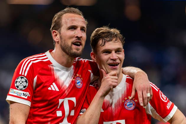 07 04 2026, Football UEFA Champions League 2025 2026 quarter final, Real Madrid FC Bayern Munich, at Estadio Bernabeu in Madrid Spain , After the match, Harry Kane FC Bayern Munich and Joshua Kimmich re, FC Bayern Munich exhausted but happy with the fans