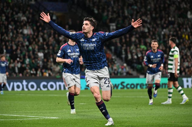 Sporting v Arsenal - UEFA Champions League LISBON, PORTUGAL - APRIL 07: Kai Havertz of Arsenal celebrates a goal during the UEFA Champions League 2025 26 Quarter-Final First Leg match between Sporting Clube de Portugal and Arsenal FC at Estadio Jose Alvalade on April 07, 2026 in Lisbon, Portugal. Alex Juarez Anadolu Lisbon Portugal. Editorial use only. Please get in touch for any other usage.  Copyright: x2026xAnadoluxAlexxJuarezx