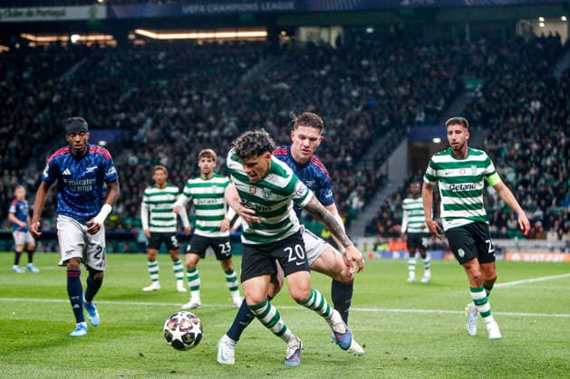Estádio Jose Alvalde Viktor Gyokeres of Arsenal FC battles for the ball Maximiliano Araújo of Sporting CP during the UEFA Champions League 2025 26 Quarter-Final First Leg match between Sporting Clube de Portugal and Arsenal FC at Estadio Jose Alvalade on April 07, 2026 in Lisbon, Portugal. Sporting Clube de Portugal vs Arsenal FC - UEFA Champions League 2025 26 (Valter Gouveia SPP)  Copyright: xValterxGouveia SPPx Sportspressphoto_SPR126375