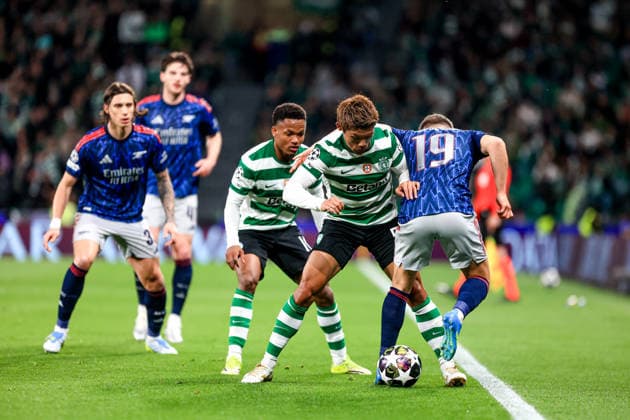 Estádio Jose Alvalde Leandro Trossard of Arsenal FC battles for the ball Hidemasa Morita of Sporting CP during the UEFA Champions League 2025 26 Quarter-Final First Leg match between Sporting Clube de Portugal and Arsenal FC at Estadio Jose Alvalade on April 07, 2026 in Lisbon, Portugal. Sporting Clube de Portugal vs Arsenal FC - UEFA Champions League 2025 26 (Valter Gouveia SPP)  Copyright: xValterxGouveia SPPx Sportspressphoto_SPR126393