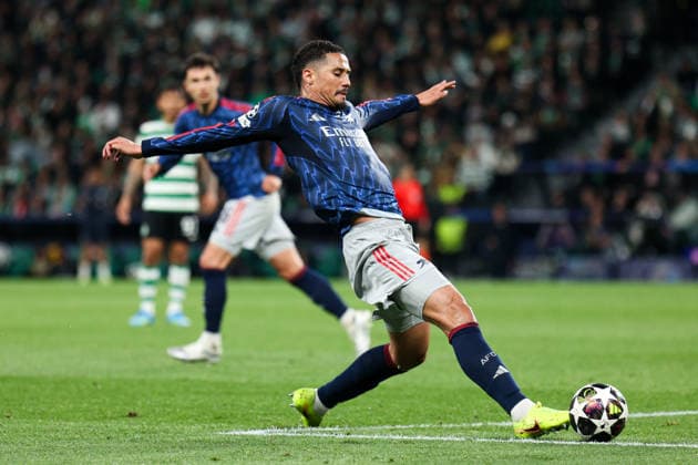 LISBON, PORTUGAL - APRIL 7: William Saliba of Arsenal during the UEFA Champions League 2025 26 Quarter-Final First Leg match between Sporting Clube de Portugal and Arsenal FC at Estadio Jose Alvalade on April 7, 2026 in Lisbon, Portugal.  Copyright: xMBxMediax