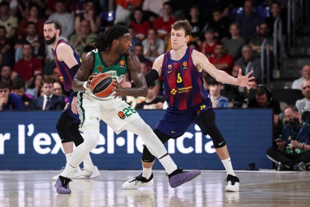 April 7, 2026, Barcelona, Barcelona, Spain: Mathias Lessort of Panathinaikos Aktor Athens and Jan Vesely of FC Barcelona, Barca in action during the EuroLeague Regular Season Round 36 match played between FC Barcelona and Panathinaikos Aktor Athens at Palau Blaugrana on April 07, 2026 in Barcelona, Spain. Barcelona Spain - ZUMAa181 20260407_zaa_a181_473 Copyright: xJavierxBorregox