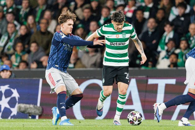 Maxi Araujo and Max Dowman seen during UEFA Champions League quarterfinal game between teams of Sporting CP and Arsenal FC at Estadio Jose Alvalade (Maciej Rogowski Ball Raw Images) Lisbon Estadio Jose Alvalade Portugal Copyright: xMaciejxRogowskix MaciejRogowskiSportingArsenal2526468