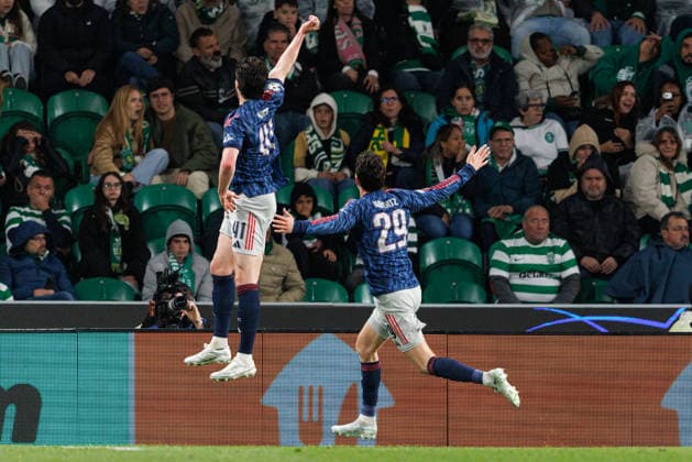 Declan Rice and Kai Havertz celebrating after goal during UEFA Champions League quarterfinal game between teams of Sporting CP and Arsenal FC at Estadio Jose Alvalade (Maciej Rogowski Ball Raw Images) Lisbon Estadio Jose Alvalade Portugal Copyright: xMaciejxRogowskix MaciejRogowskiSportingArsenal2526496