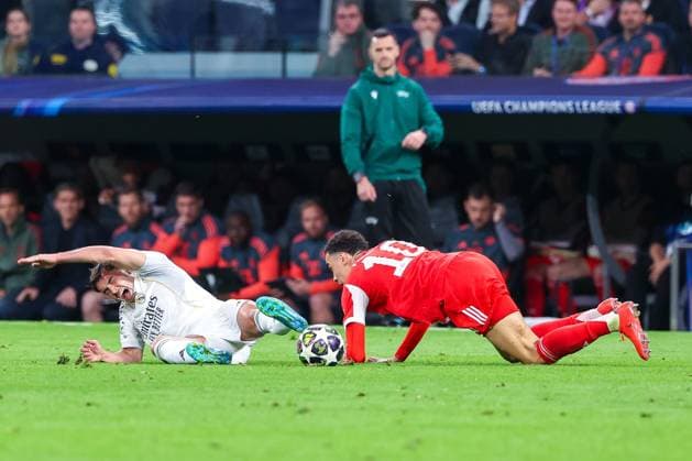 Jamal Musiala 10 FC Bayern Muenchen fouls Brahim Diaz 21 Real Madrid and is shown a yellow card, Real Madrid vs FC Bayern Muenchen, Football, Men, UEFA Champions League, Season 2025 2026, Quarter Finals 1st Leg , 07 04 2026 Madrid Madrid Spain Copyright: xkolbert-press MartinxAgüerax
