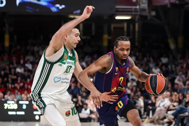 April 7, 2026, Barcelona, Barcelona, Spain: Kevin Punter of FC Barcelona, Barca and Kostas Sloukas of Panathinaikos Aktor Athens in action during the EuroLeague Regular Season Round 36 match played between FC Barcelona and Panathinaikos Aktor Athens at Palau Blaugrana on April 07, 2026 in Barcelona, Spain. Barcelona Spain - ZUMAa181 20260407_zaa_a181_408 Copyright: xJavierxBorregox
