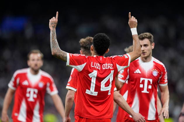 April 7, 2026, Madrid, Madrid, Spain: Luis Diaz of Bayern Munich celebrates a goal during the UEFA Champions League 2025 26 Quarter-finals First Leg match between Real Madrid C.F. and Bayern Munich at Bernabeu stadium on April 07, 2026, in Madrid, Spain. Madrid Spain - ZUMAa181 20260407_zaa_a181_449 Copyright: xOscarxJ.xBarrosox