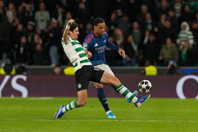 UEFA CHAMPIONS LEAGUE: SPORTING x ARSENAL Francisco Trincao of Sporting CP (L) and Gabriel Magalhaes of Arsenal FC (R) in action during UEFA Champions League 2025 26 Quarter-finals 1st leg between Sporting CP and Arsenal FC at Estadio Jose Alvalade in Lisbon, Portugal. 07 04 2026 Lisbon Estadio Jose Alvalade Lisbon Portugal Copyright: xBrunoxdexCarvalhox