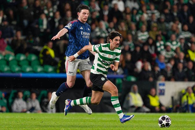 UEFA CHAMPIONS LEAGUE: SPORTING x ARSENAL Declan Rice of Arsenal FC (L) and Francisco Trincao of Sporting CP (R) in action during UEFA Champions League 2025 26 Quarter-finals 1st leg between Sporting CP and Arsenal FC at Estadio Jose Alvalade in Lisbon, Portugal. 07 04 2026 Lisbon Estadio Jose Alvalade Lisbon Portugal Copyright: xBrunoxdexCarvalhox