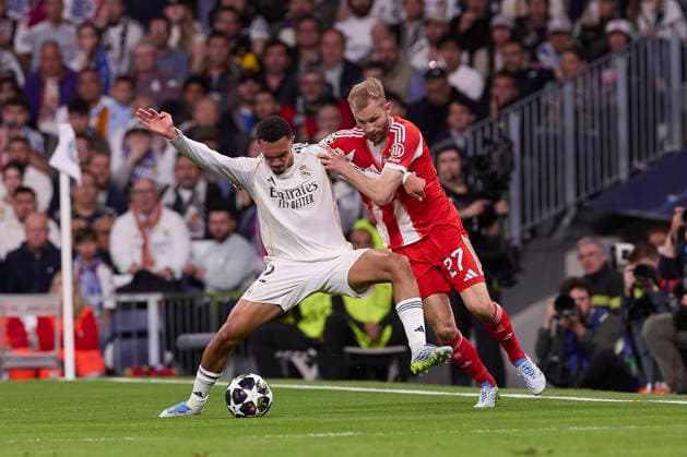 April 7, 2026, Madrid, Spain: Trent Alexander-Arnold (L) of Real Madrid CF and Konrad Laimer (R) of FC Bayern Munchen are seen in action during the UEFA Champions League 2025 2026 quarter-finals first leg football match between Real Madrid CF and FC Bayern Munchen at Santiago Bernabeu stadium. Final score Real Madrid CF 1:2 FC Bayern Munchen Real Madrid CF Vs FC Bayern Munchen In Madrid - 07 Apr 2026  - ZUMAs197 20260407_aaa_s197_215 Copyright: xFedericoxTitonex