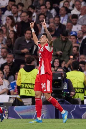 April 7, 2026, Madrid, Spain: Luis Diaz of FC Bayern Munchen celebrates a goal during the UEFA Champions League 2025 2026 quarter-finals first leg football match between Real Madrid CF and FC Bayern Munchen at Santiago Bernabeu stadium. Final score Real Madrid CF 1:2 FC Bayern Munchen Real Madrid CF Vs FC Bayern Munchen In Madrid - 07 Apr 2026  - ZUMAs197 20260407_aaa_s197_222 Copyright: xFedericoxTitonex