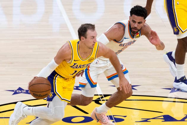 April 7, 2026, Los Angeles, California, USA: Los Angeles LakersÃ¢â‚¬â ¢ Luke Kennard (10) drives against Oklahoma City ThunderÃ¢â‚¬â ¢s Ajay Mitchell (25) during an NBA, Basketball Herren, USA basketball game at Crypto.com Arena on Tuesday, April 7, 2026 in Los Angeles. Los Angeles USA - ZUMAc68_ 20260407_zaf_c68_036 Copyright: xRingoxChiux