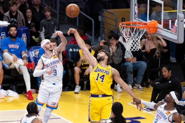 April 7, 2026, Los Angeles, California, USA: Los Angeles LakersÃ¢â‚¬â ¢ Maxi Kleber (14) and Oklahoma City ThunderÃ¢â‚¬â ¢s Alex Caruso (9) vie for the ball during an NBA, Basketball Herren, USA basketball game at Crypto.com Arena on Tuesday, April 7, 2026 in Los Angeles. Los Angeles USA - ZUMAc68_ 20260407_zaf_c68_041 Copyright: xRingoxChiux