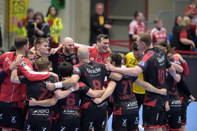 Cheers, joy after the victory Mohamed Amine Darmoul MT Melsungen 71 , Adrian Sipos MT Melsungen 8 , Arnar Freyr Arnarsson MT Melsungen 21 , GER, MT Melsungen Fredericia HK DEN , Handball, EHF European League Men, Play Offs, Season 2025 2026, 07 04 2026, GER, MT Melsungen Fredericia HK, Handball, EHF Men, Play Off, Season 2025 2026, 07 04 2026 Kassel Copyright: xEibner-Pressefotox xRolandxSippelx EP_RSL