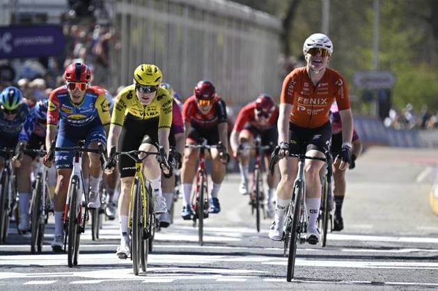 Dutch Charlotte Kool of Fenix-Premier Tech wins the sprint before Dutch Nienke Veenhoven of Team Visma-Lease a Bike and Italian Elisa Balsamo of Lidl-Trek in the women s race of the Scheldeprijs one day cycling event, 130,3km from and to Schoten on Wednesday 08 April 2026. TOM GOYVAERTS TomxGoyvaerts  x170179357x